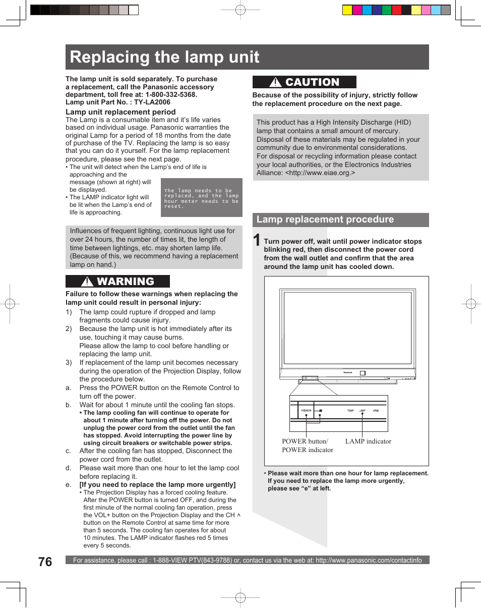 Replacing the lamp unit, Warning, Caution | Lamp replacement procedure | Panasonic PT-61DLX26 User Manual | Page 76 / 92