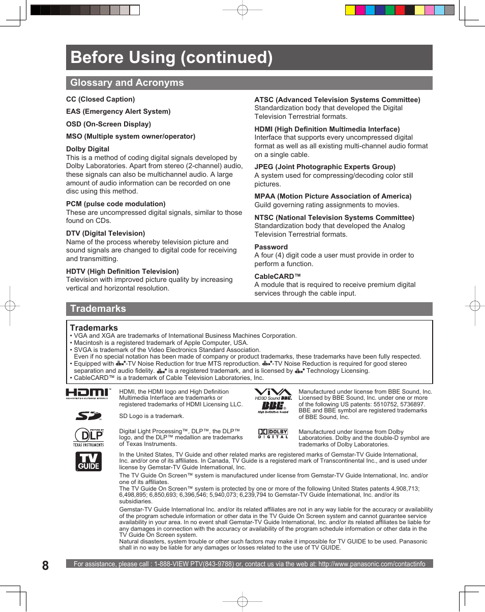 Before using (continued), Glossary and acronyms, Trademarks | Panasonic PT-61DLX26 User Manual | Page 8 / 92