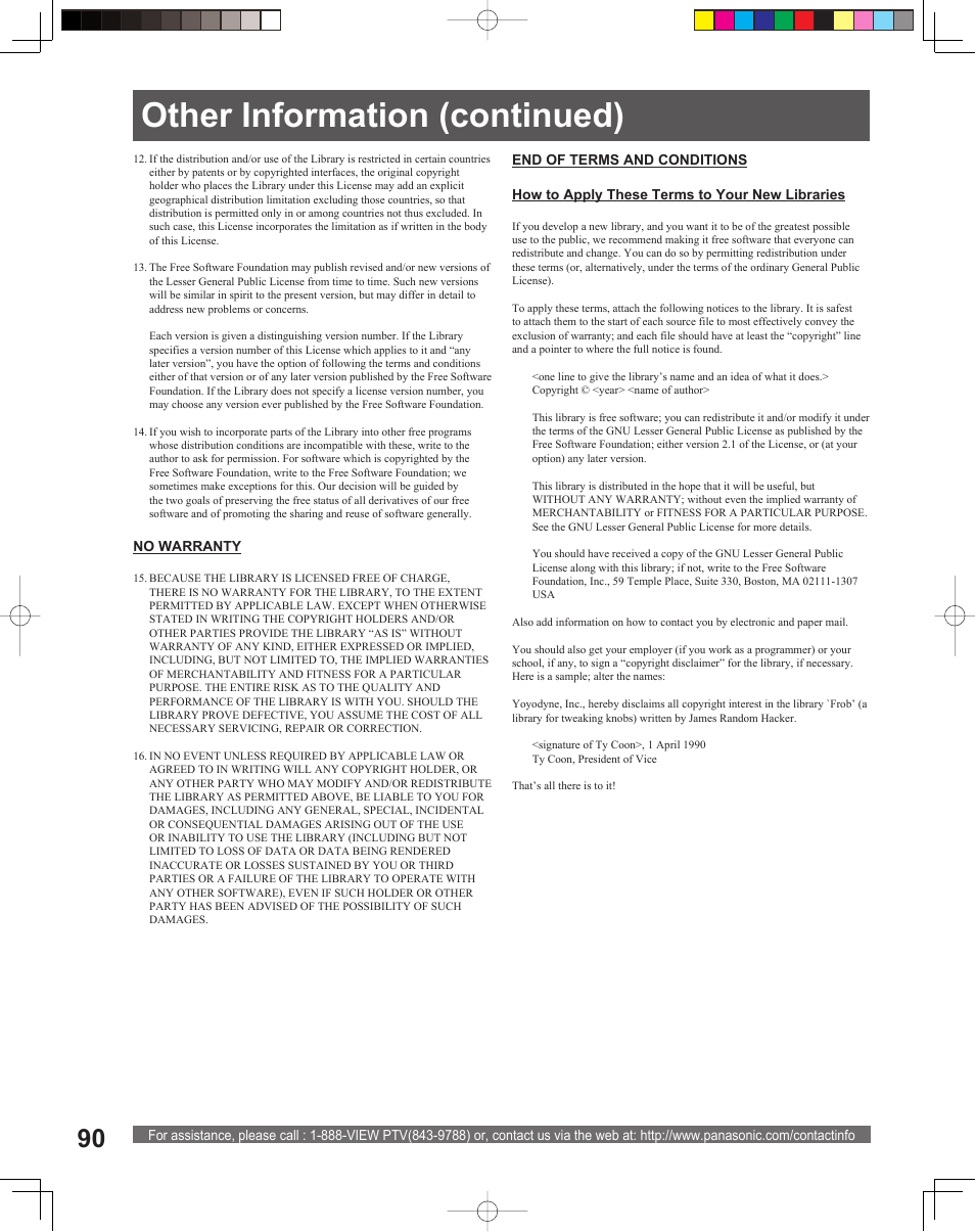 Other information (continued) | Panasonic PT-61DLX26 User Manual | Page 90 / 92