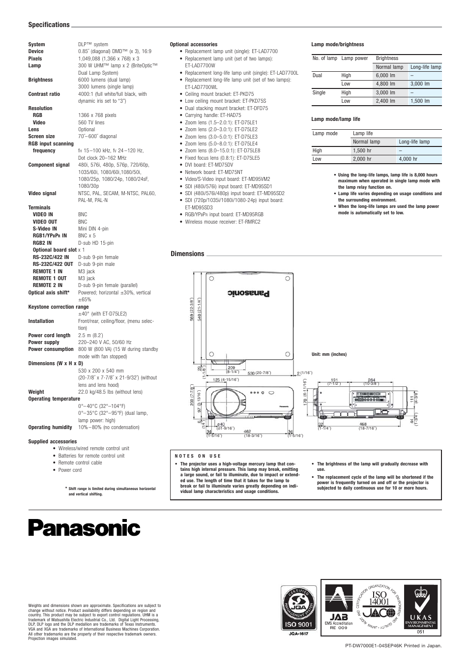 Dimensions, Specifications | Panasonic PT-DW7000E/E-K User Manual | Page 6 / 6