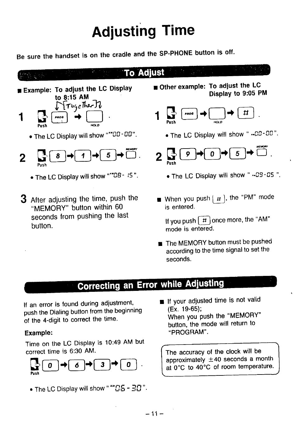 Adjusting time, Example: to adjust the lc display to 8:15 am, Other example: to adjust the lc | 2 scz]-*(z)-*[i]-‘s, B q czi i, Correcting ah error while adjusting | Panasonic KX-T2365A User Manual | Page 12 / 17