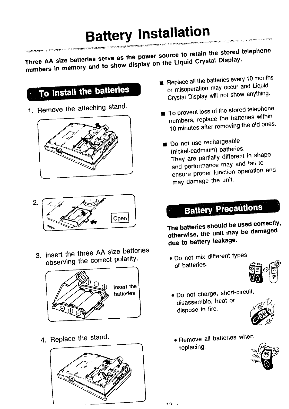 Battery installation, Battery precautions | Panasonic KX-T2365A User Manual | Page 14 / 17