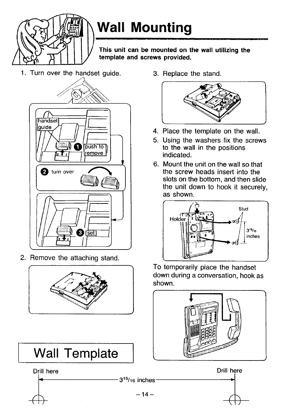 Wall mounting | Panasonic KX-T2365A User Manual | Page 15 / 17