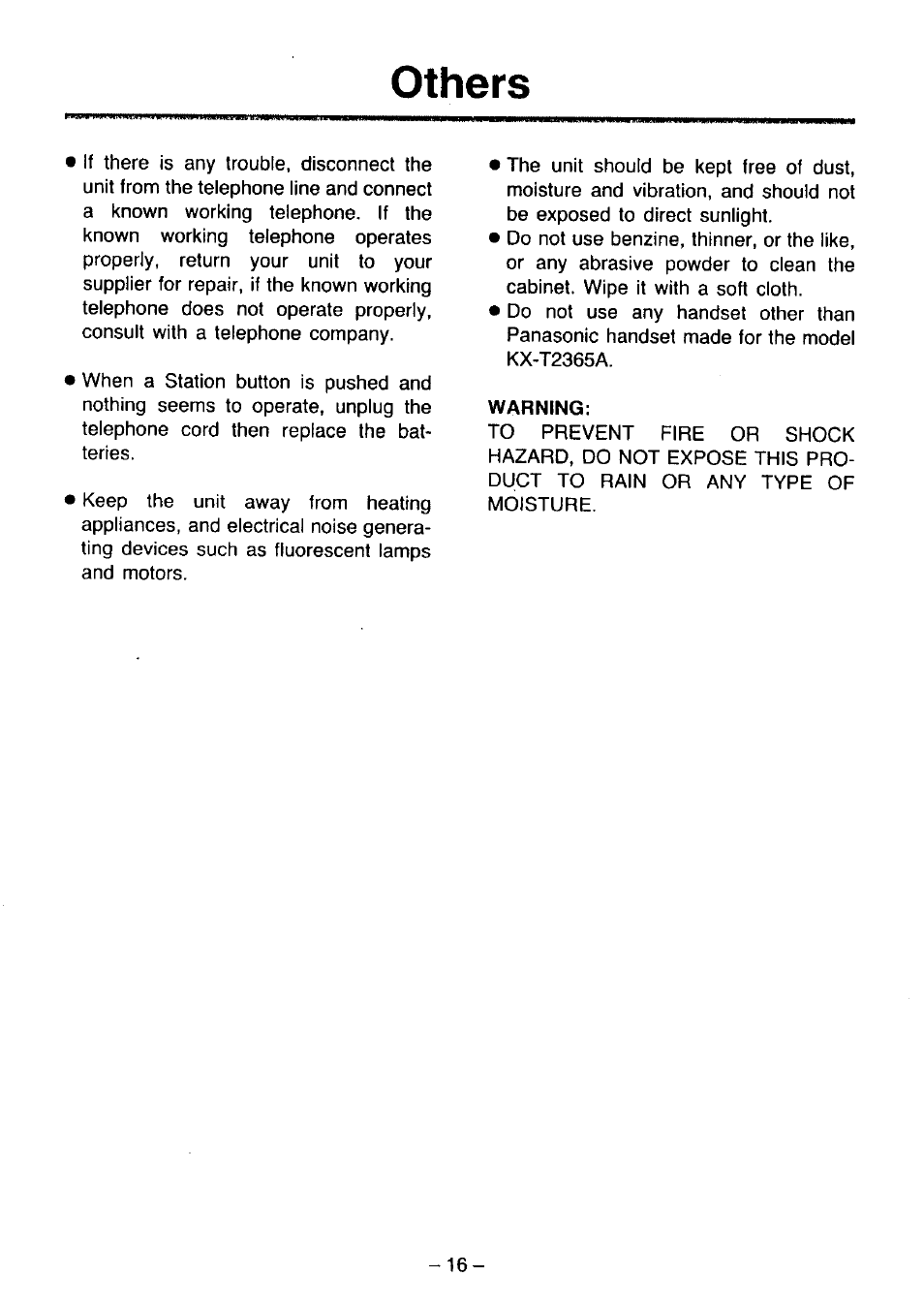 Others, Warning | Panasonic KX-T2365A User Manual | Page 17 / 17