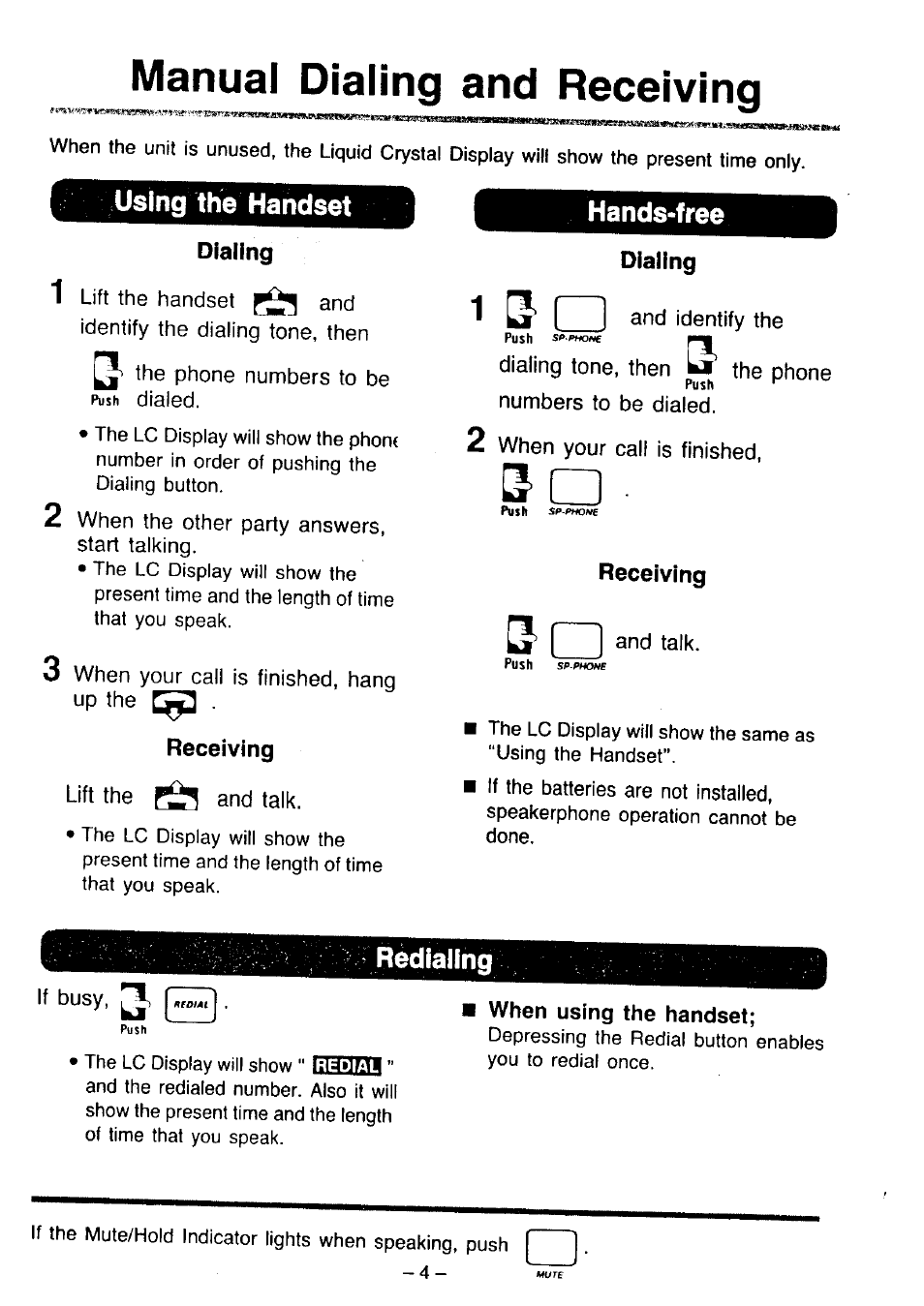 Manual dialing and receiving, Using the handset, Dialing | Receiving, Rédìaling, When using the handset, Hands'free | Panasonic KX-T2365A User Manual | Page 5 / 17