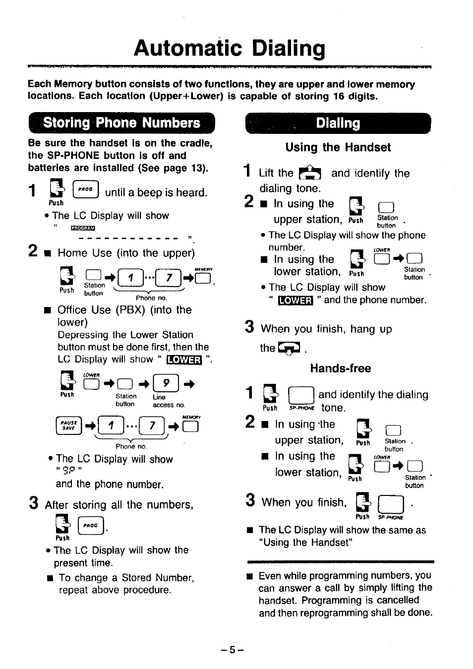 Automatic dialing, Using the handset, Hands-free | Storing phone numbers, Dialing | Panasonic KX-T2365A User Manual | Page 6 / 17