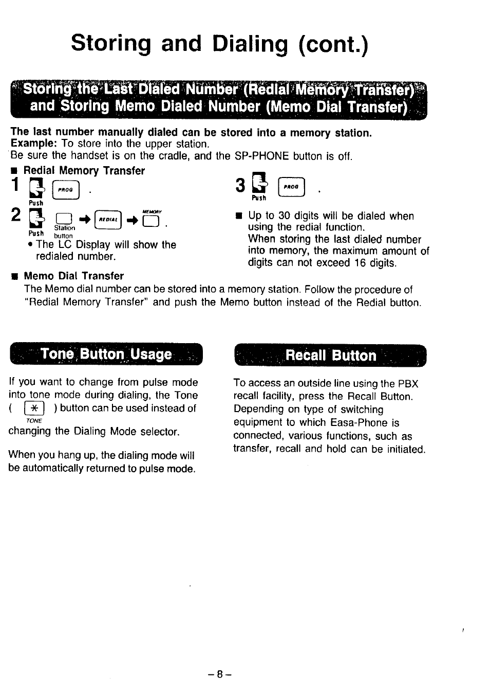 Storing and dialing (cont.), S i i, Tone, button usage reòall button | Panasonic KX-T2365A User Manual | Page 9 / 17