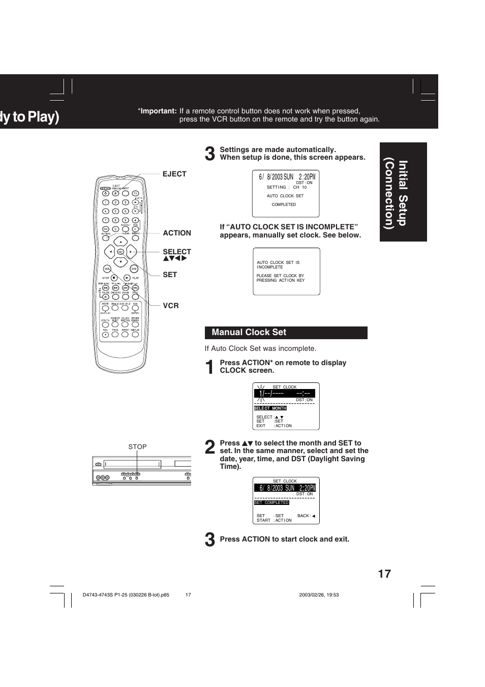 Dy to play), Initial setup (connection) | Panasonic PV-D4743 User Manual | Page 17 / 64