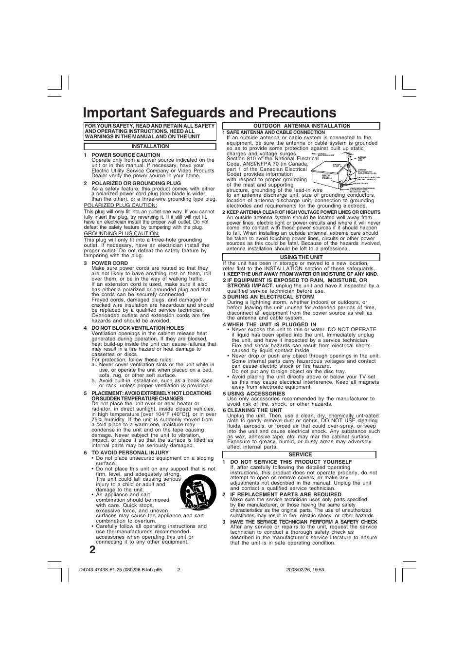 Important safeguards and precautions | Panasonic PV-D4743 User Manual | Page 2 / 64