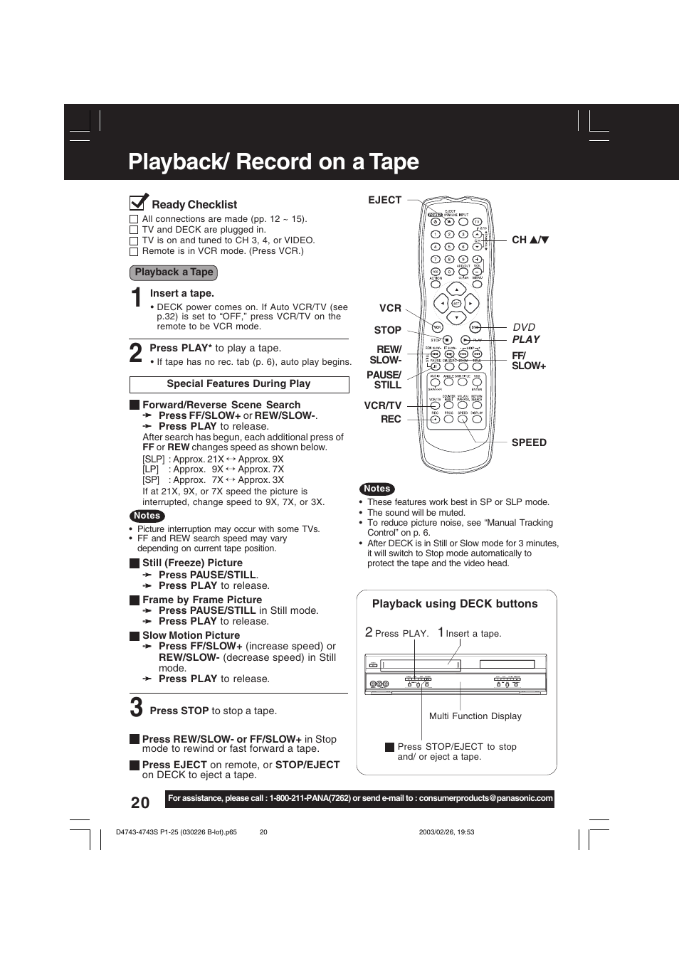 Playback / record on a tape, Playback/ record on a tape | Panasonic PV-D4743 User Manual | Page 20 / 64
