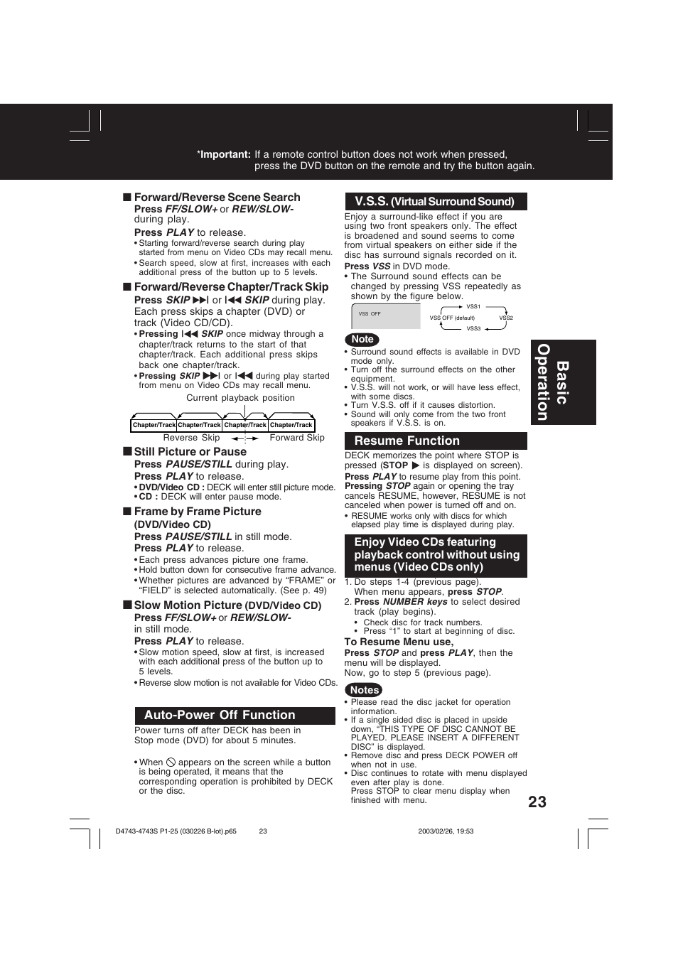 Basic operation, Auto-power off function, Resume function | V.s.s | Panasonic PV-D4743 User Manual | Page 23 / 64