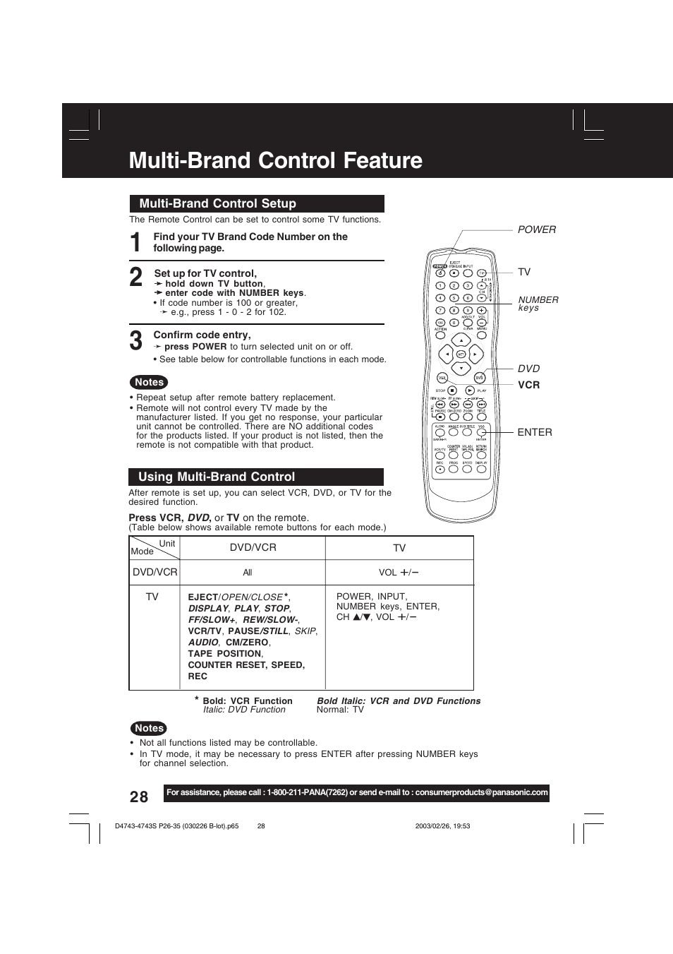 Multi-brand control feature | Panasonic PV-D4743 User Manual | Page 28 / 64