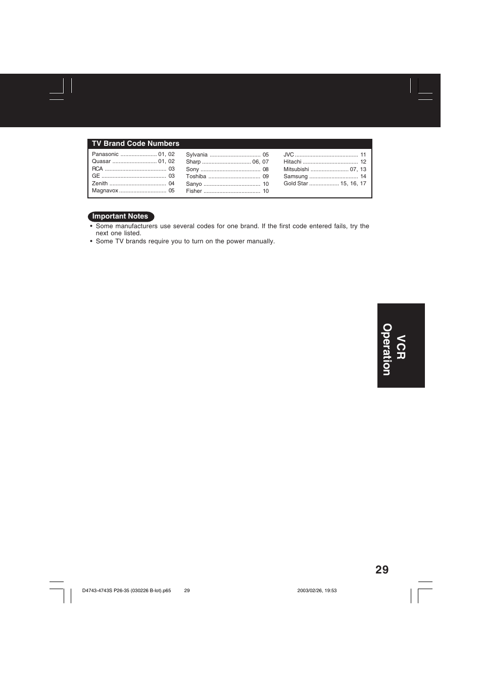 Vcr operation | Panasonic PV-D4743 User Manual | Page 29 / 64