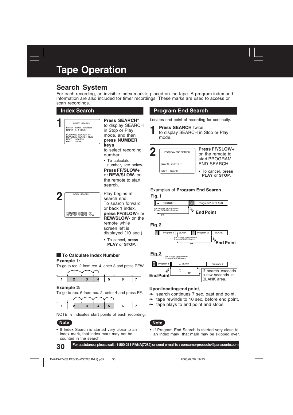 Tape operation, Search system, Index search | Program end search | Panasonic PV-D4743 User Manual | Page 30 / 64