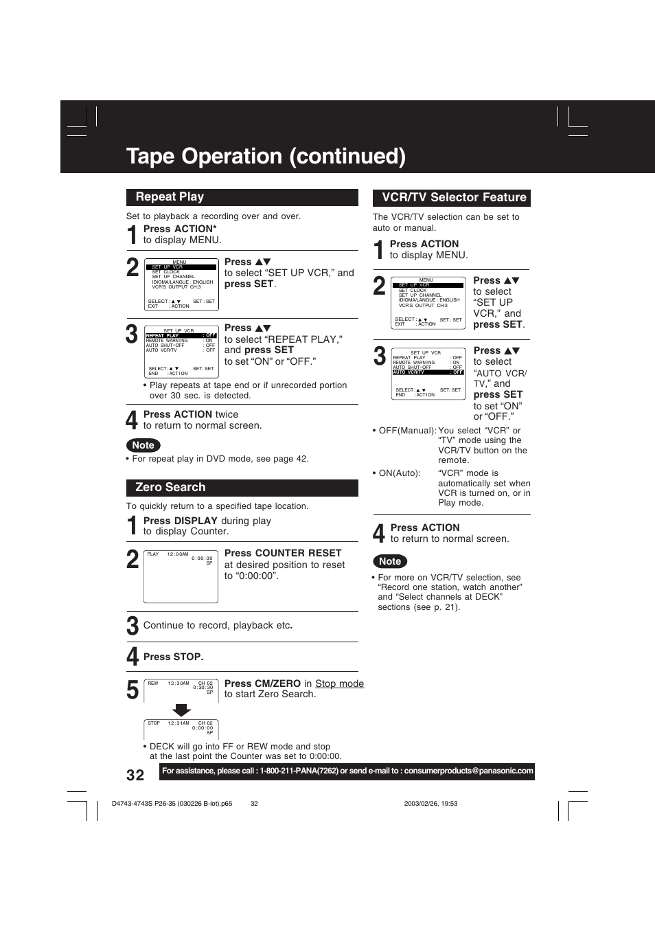 Tape operation (continued) | Panasonic PV-D4743 User Manual | Page 32 / 64