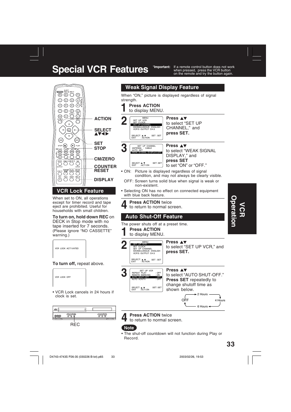 Special vcr features, Vcr operation | Panasonic PV-D4743 User Manual | Page 33 / 64