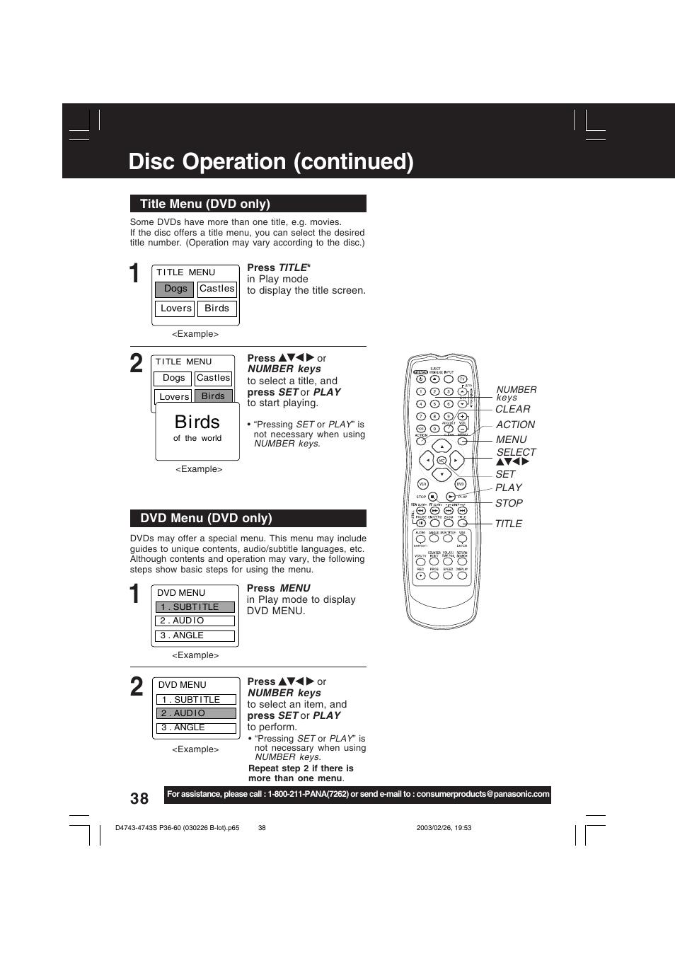 Disc operation (continued), Title menu (dvd only), Dvd menu (dvd only) | Panasonic PV-D4743 User Manual | Page 38 / 64