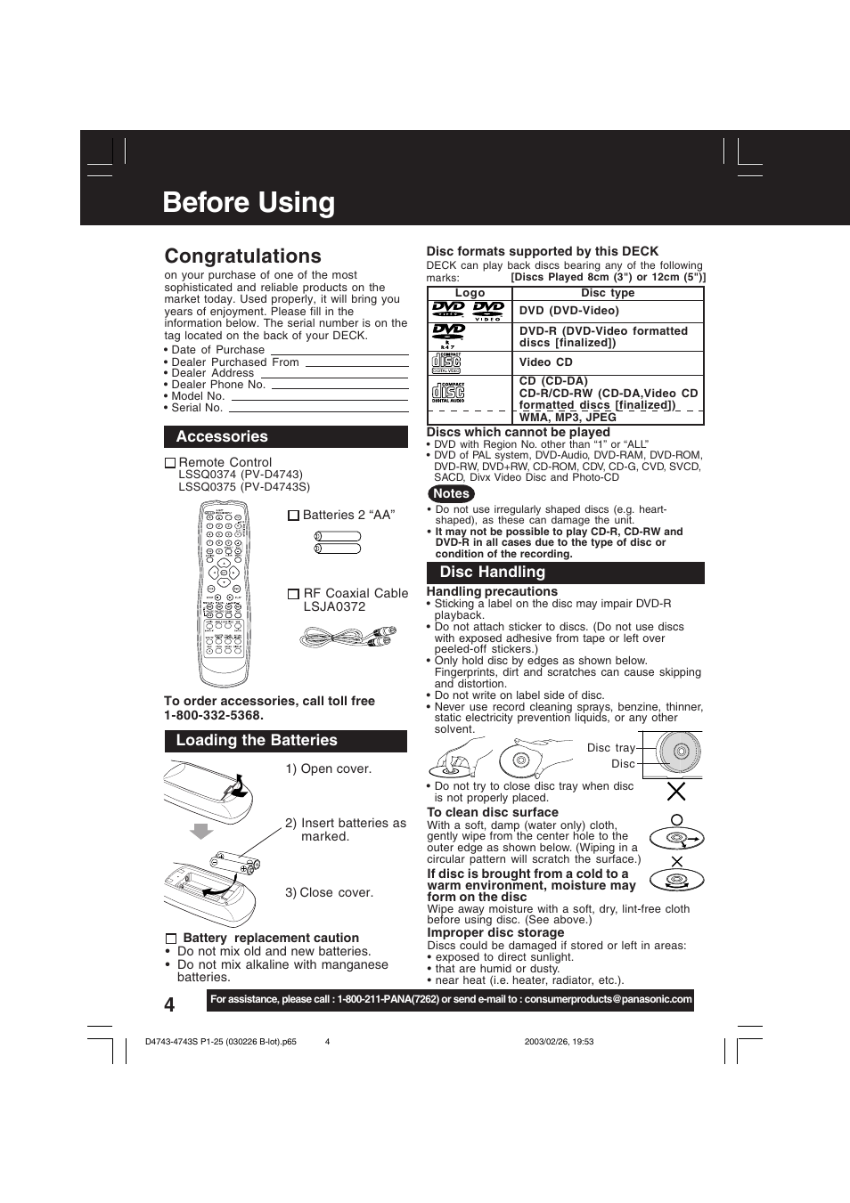 Before using, Accessories, Loading the batteries | Disc handling | Panasonic PV-D4743 User Manual | Page 4 / 64