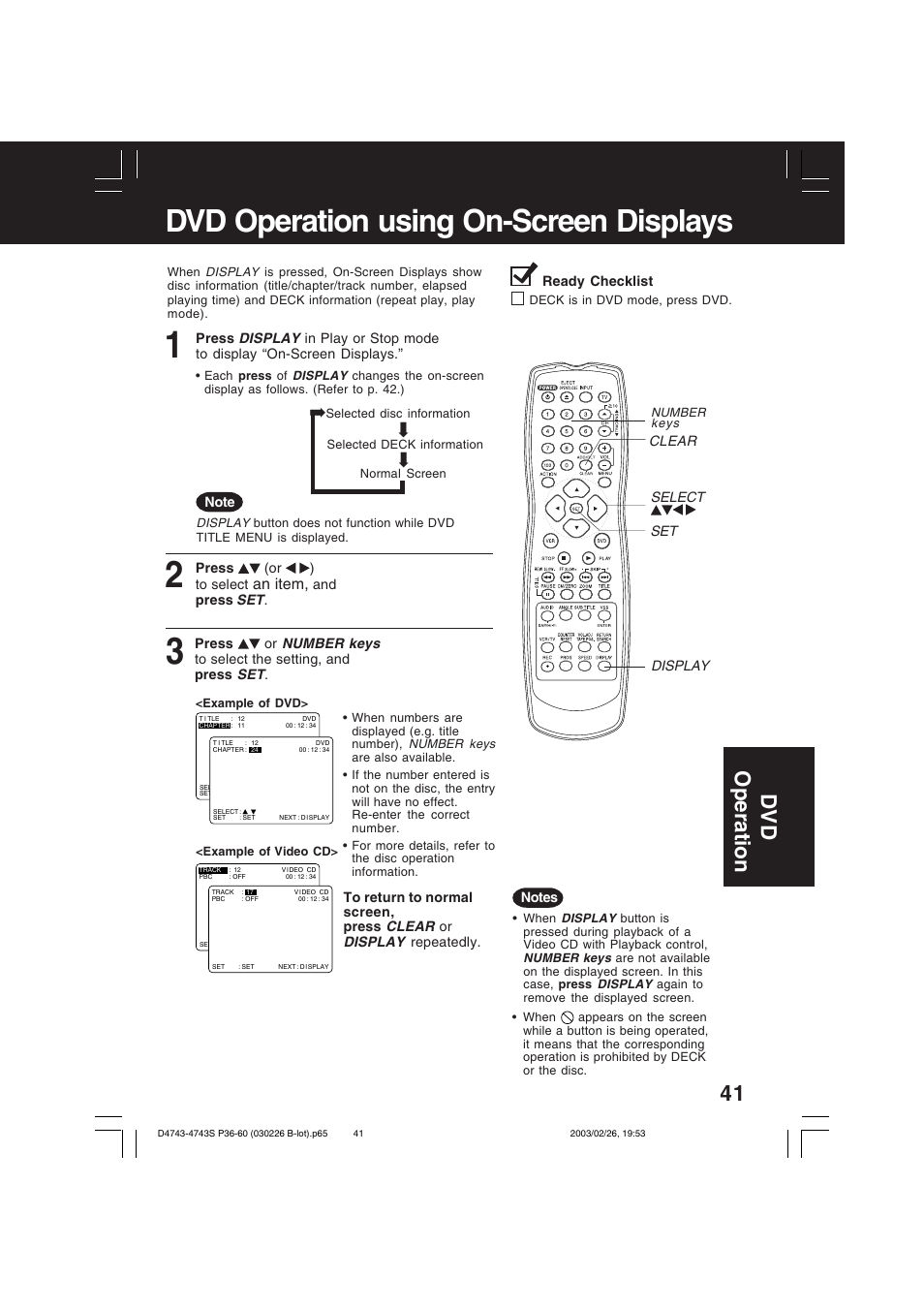 Dvd operation using on-screen displays, Dv d operation, An item | Panasonic PV-D4743 User Manual | Page 41 / 64