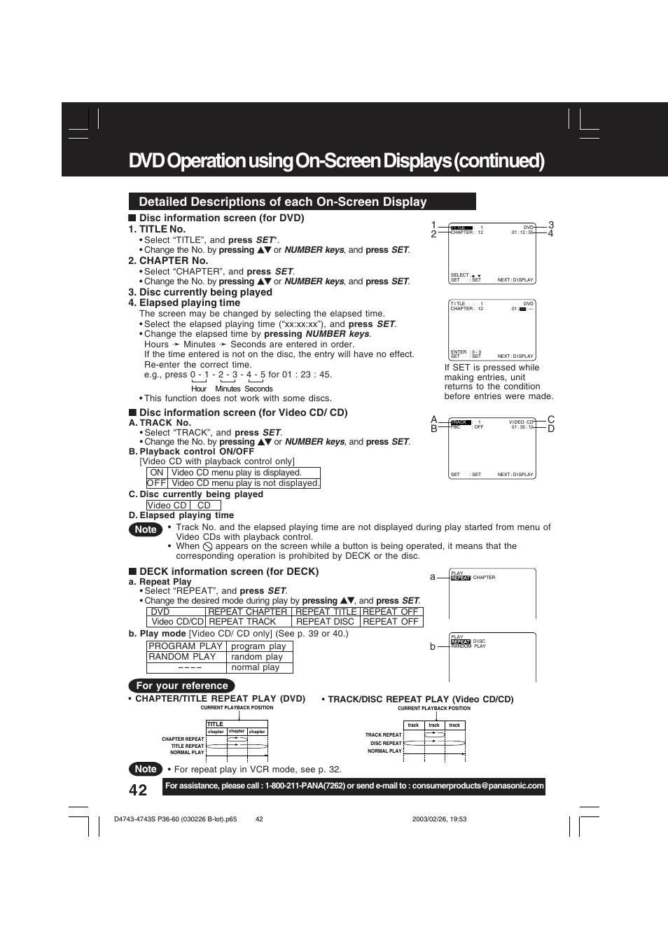 Dvd operation using on-screen displays (continued), Detailed descriptions of each on-screen display | Panasonic PV-D4743 User Manual | Page 42 / 64