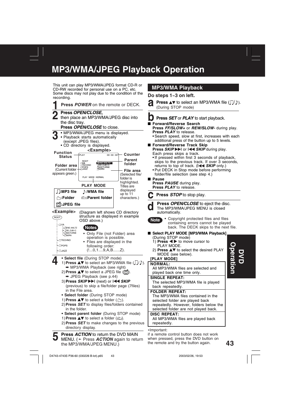 Mp3 / wma / jpeg / playback operation, A b c d, Mp3/wma/jpeg playback operation | 43 dv d operation, Mp3/wma playback | Panasonic PV-D4743 User Manual | Page 43 / 64