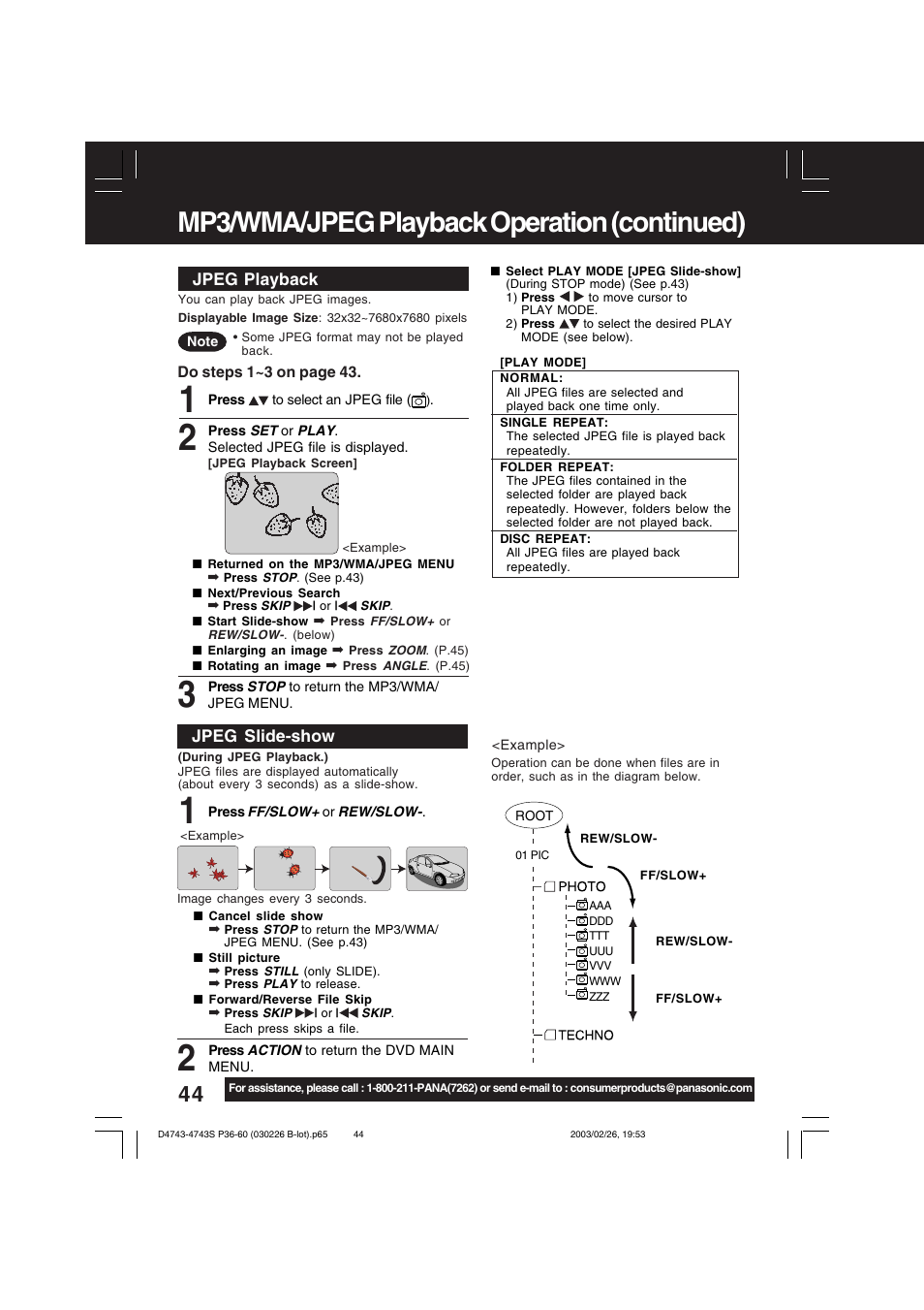 Mp3/wma/jpeg playback operation (continued) | Panasonic PV-D4743 User Manual | Page 44 / 64