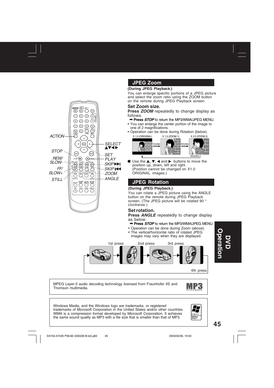 45 dv d operation, Jpeg zoom, Jpeg rotation | Panasonic PV-D4743 User Manual | Page 45 / 64