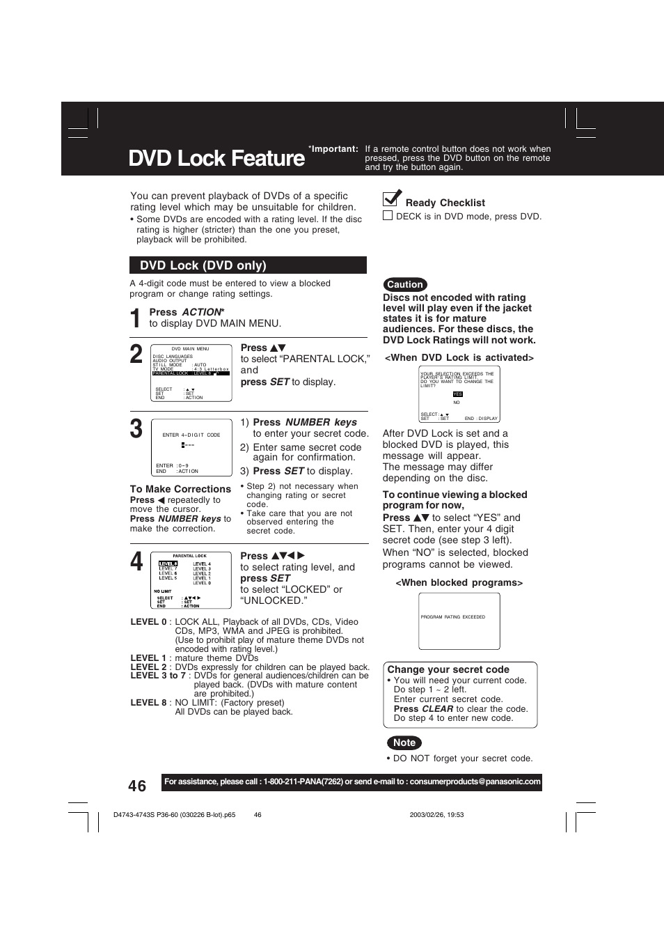 Dvd lock feature, Dvd lock (dvd only) | Panasonic PV-D4743 User Manual | Page 46 / 64