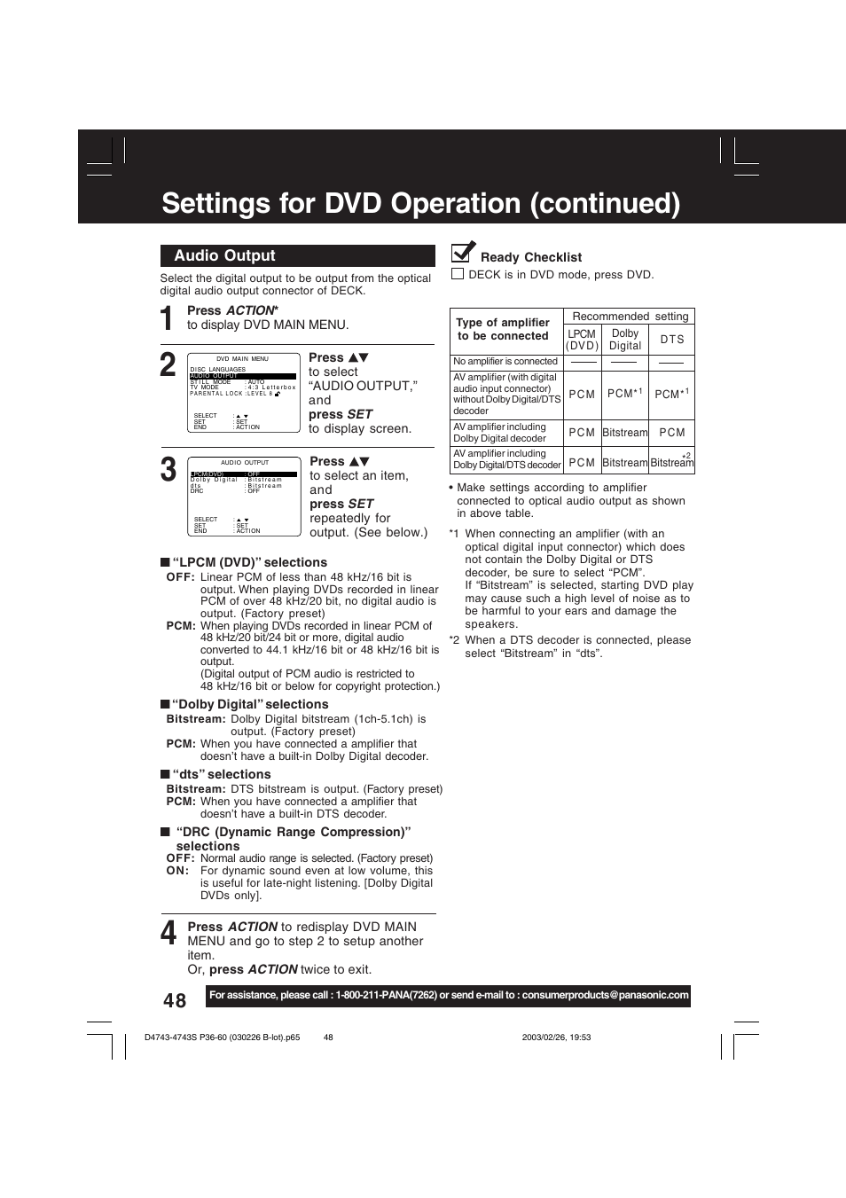 Settings for dvd operation (continued), Audio output | Panasonic PV-D4743 User Manual | Page 48 / 64