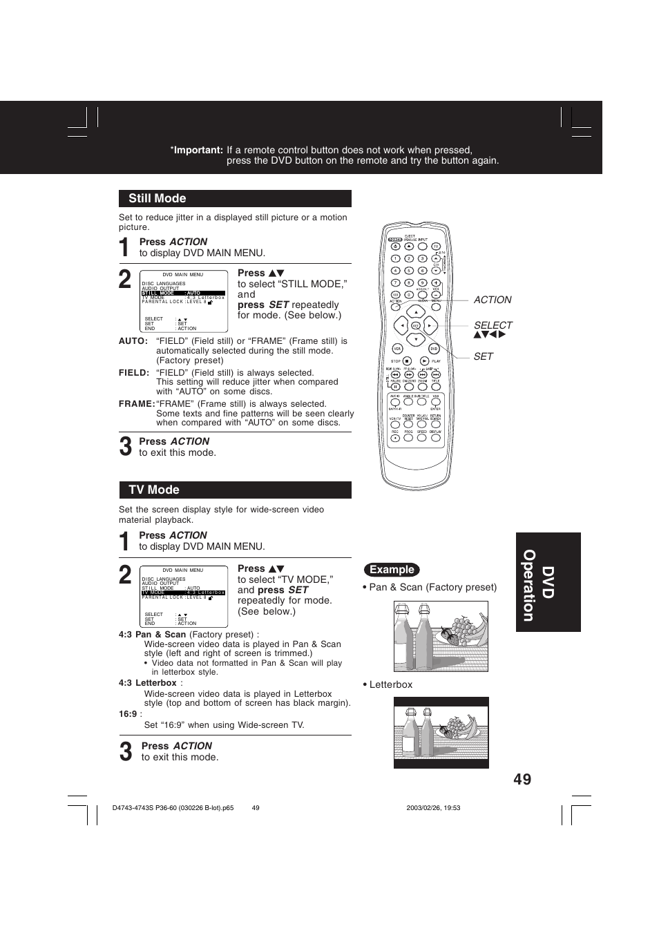 Dv d operation, Still mode, Tv mode | Panasonic PV-D4743 User Manual | Page 49 / 64