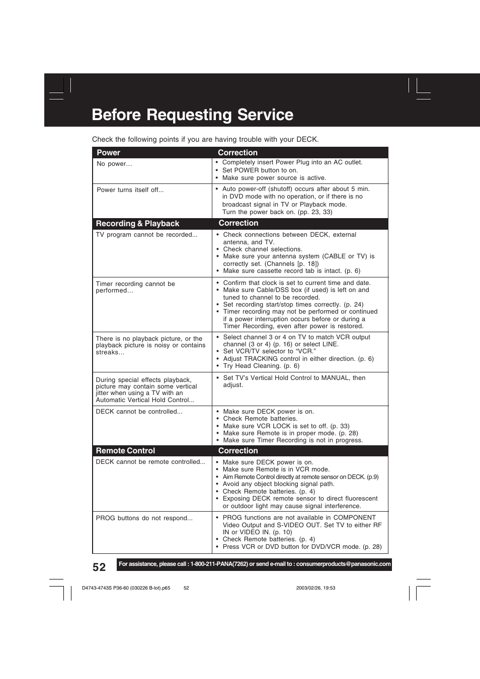 Before requesting service | Panasonic PV-D4743 User Manual | Page 52 / 64