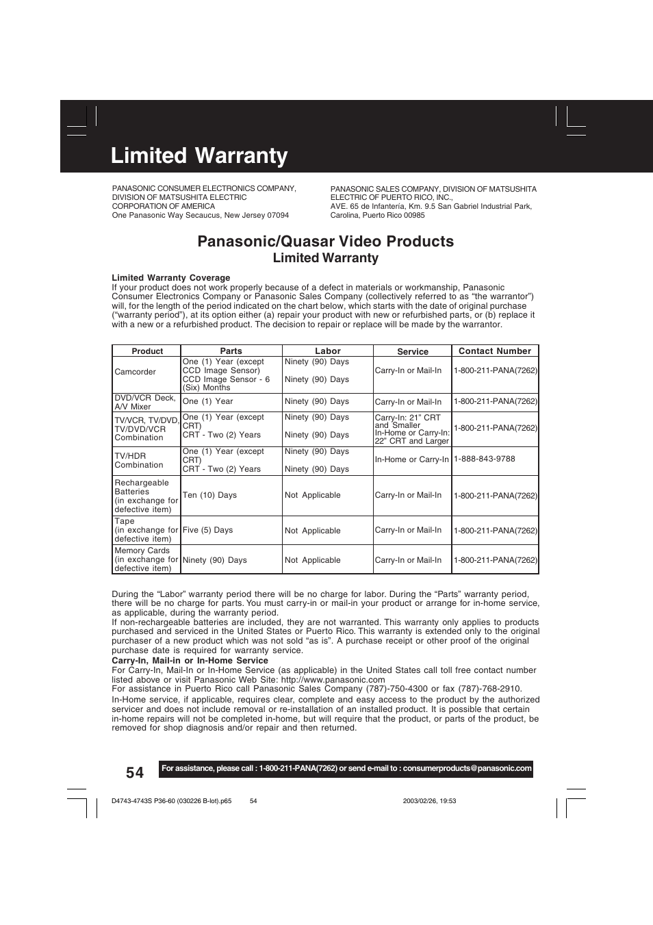 Limited warranty, Panasonic/quasar video products | Panasonic PV-D4743 User Manual | Page 54 / 64