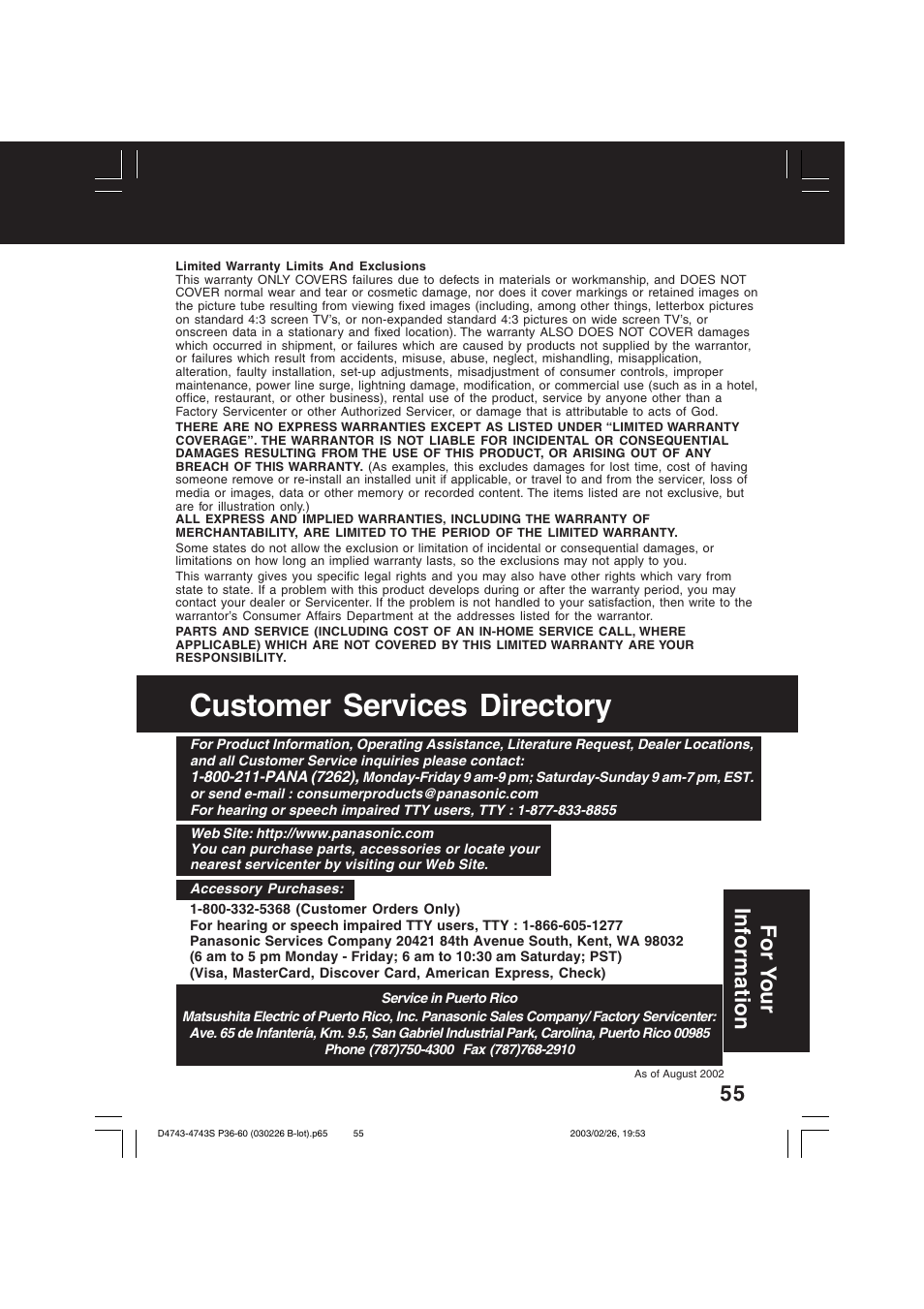 Customer services directory, 55 for y our information | Panasonic PV-D4743 User Manual | Page 55 / 64