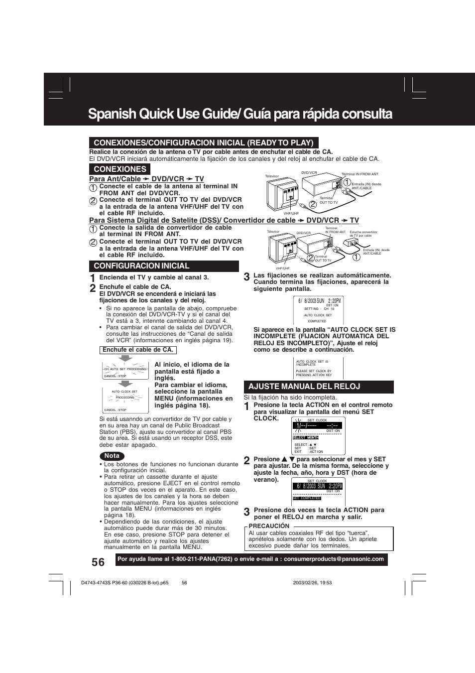 Spanish quick use guide/ guía para rápida consulta, Para ajustar el idioma, canal y, Conexiones/configuracion inicial (ready to play) | Conexiones, 21 2 1 configuracion inicial, Ajuste manual del reloj | Panasonic PV-D4743 User Manual | Page 56 / 64