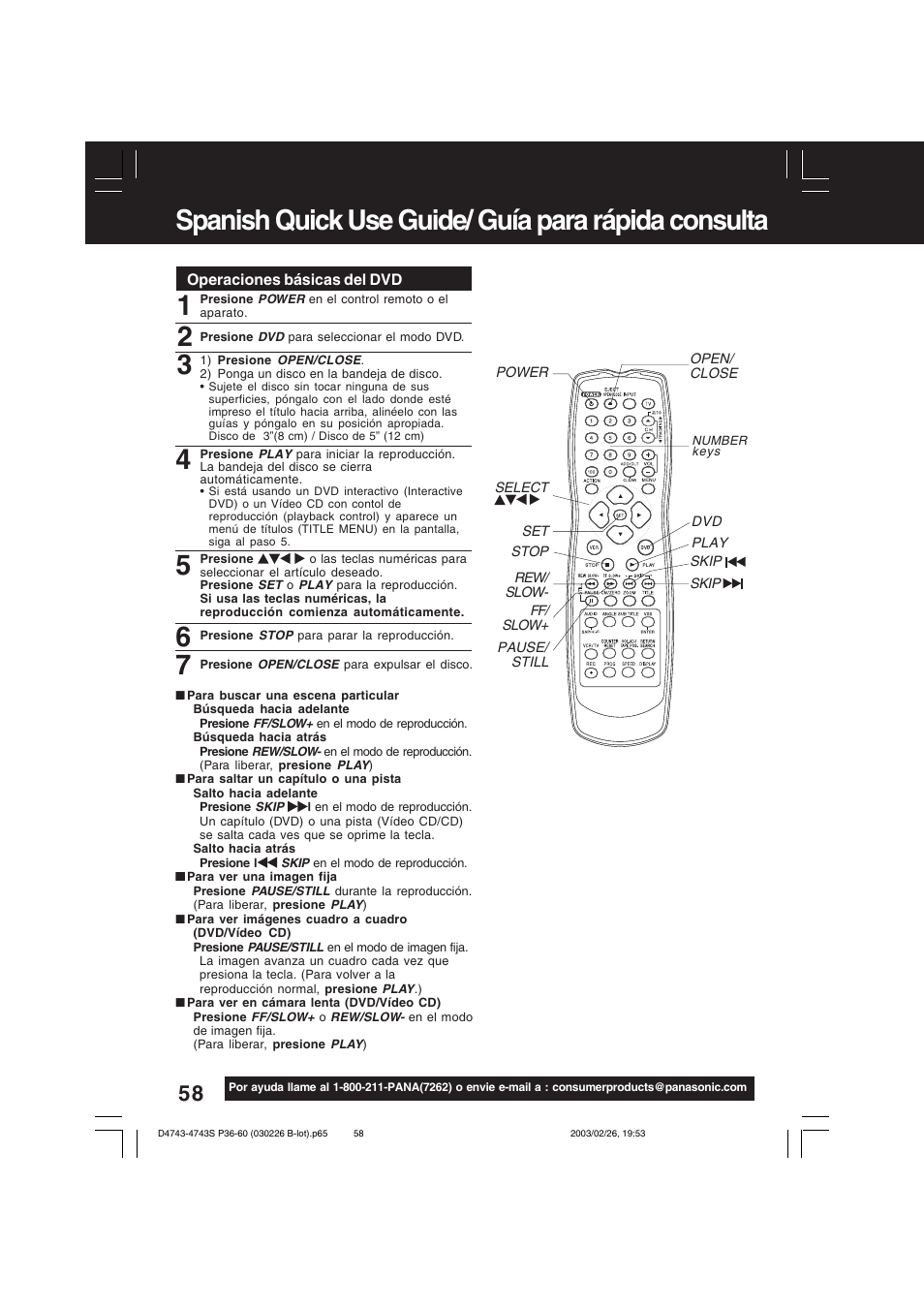 Spanish quick use guide/ guía para rápida consulta | Panasonic PV-D4743 User Manual | Page 58 / 64