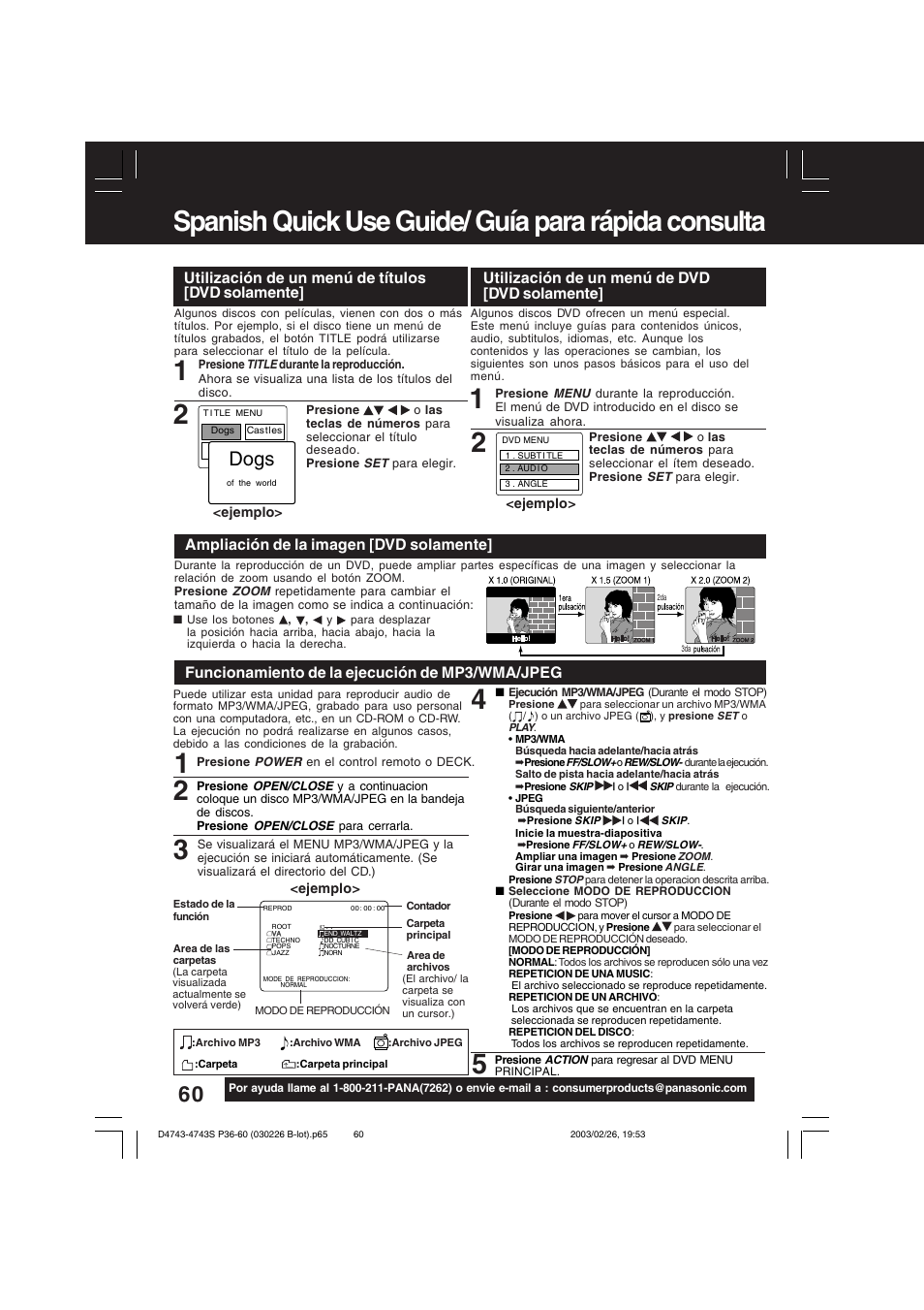 Spanish quick use guide/ guía para rápida consulta, Dogs, Utilización de un menú de títulos [dvd solamente | Ampliación de la imagen [dvd solamente, Utilización de un menú de dvd [dvd solamente, Funcionamiento de la ejecución de mp3/wma/jpeg | Panasonic PV-D4743 User Manual | Page 60 / 64