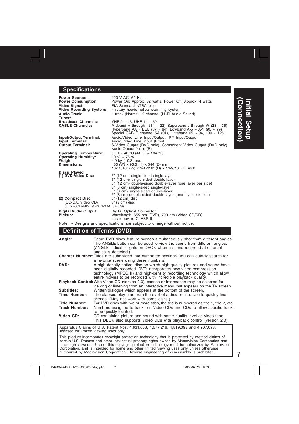 Initial setup (connection), Specifications, Definition of terms (dvd) | Panasonic PV-D4743 User Manual | Page 7 / 64