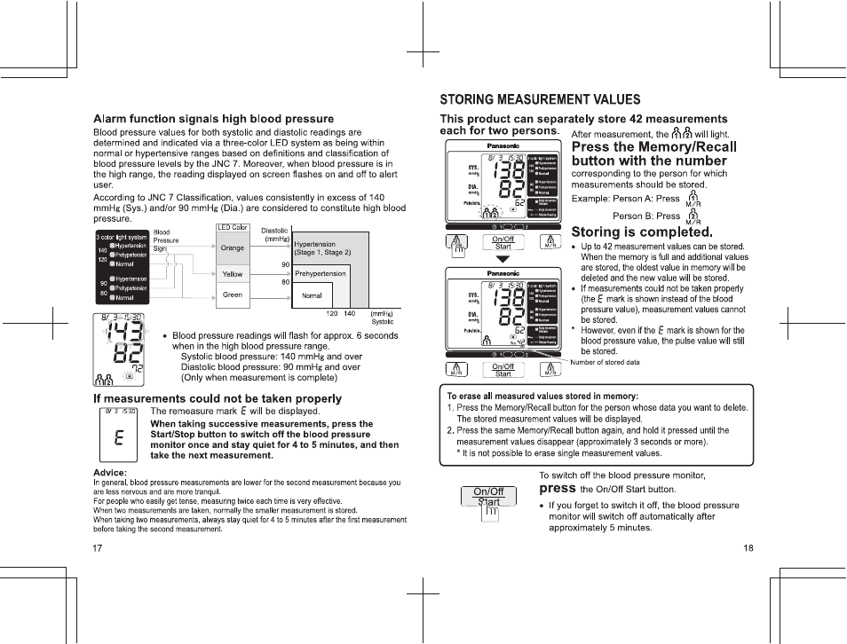 This product can separately store 42 measurements, If measurements could not be taken properly, Each for two persons | Storing is compieteci | Panasonic EW3122 User Manual | Page 10 / 15