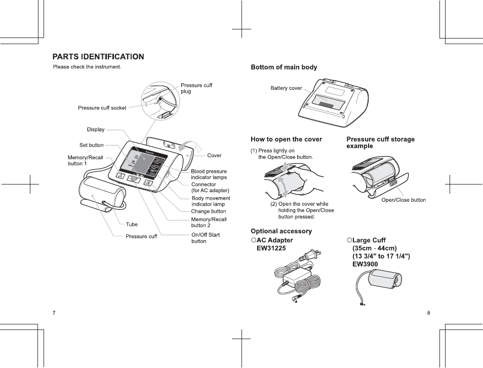 Bottom of main body, How to open the cover, Optional accessory oac adapter | Pressure cuff storage example, O large cuff (35cm - 44cm), 13 3/4" to 17 1/4") ew3900 | Panasonic EW3122 User Manual | Page 5 / 15