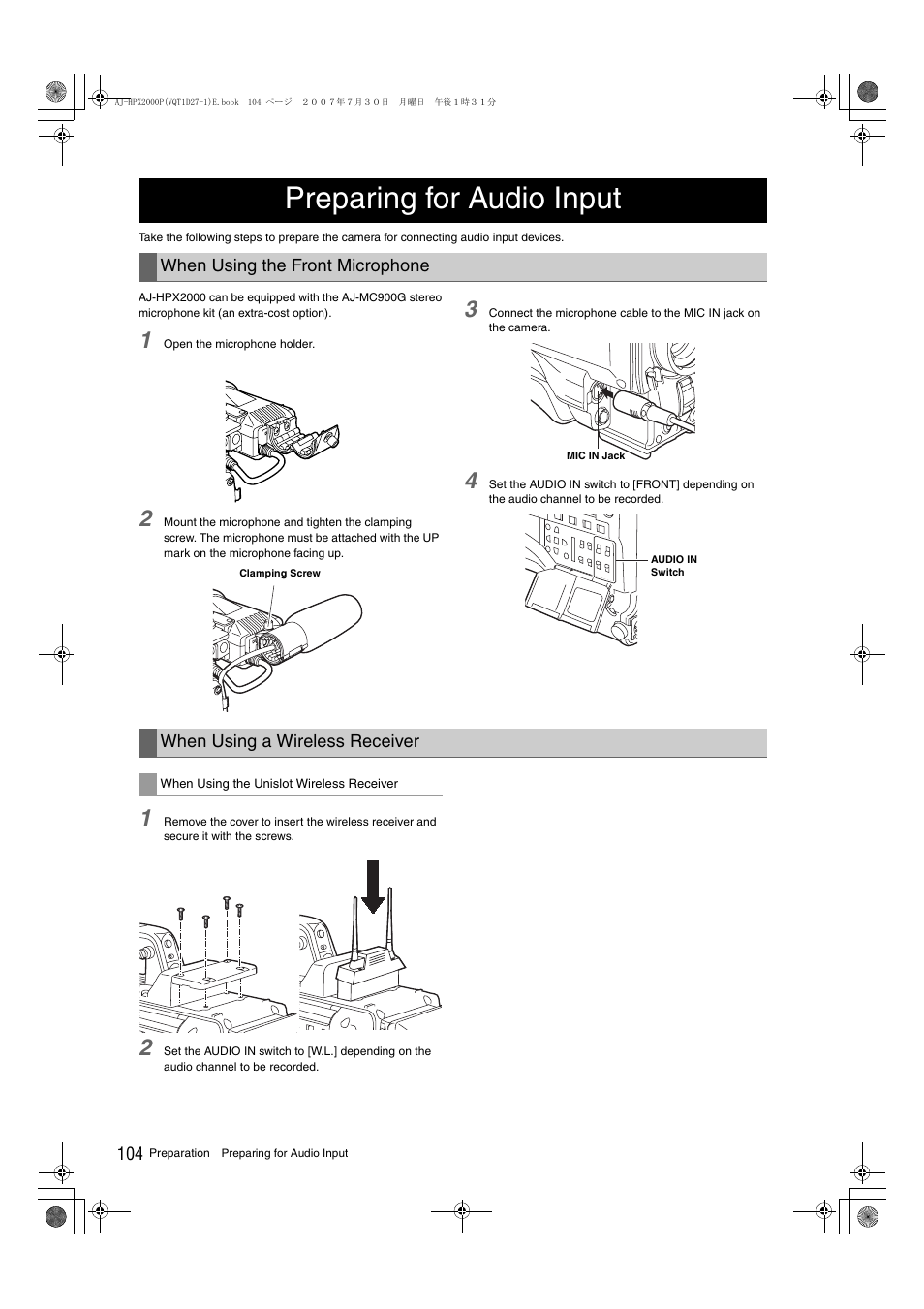 Preparing for audio input | Panasonic AJ-HPX2000 User Manual | Page 104 / 194