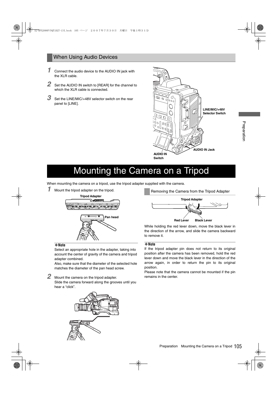 Mounting the camera on a tripod, When using audio devices | Panasonic AJ-HPX2000 User Manual | Page 105 / 194