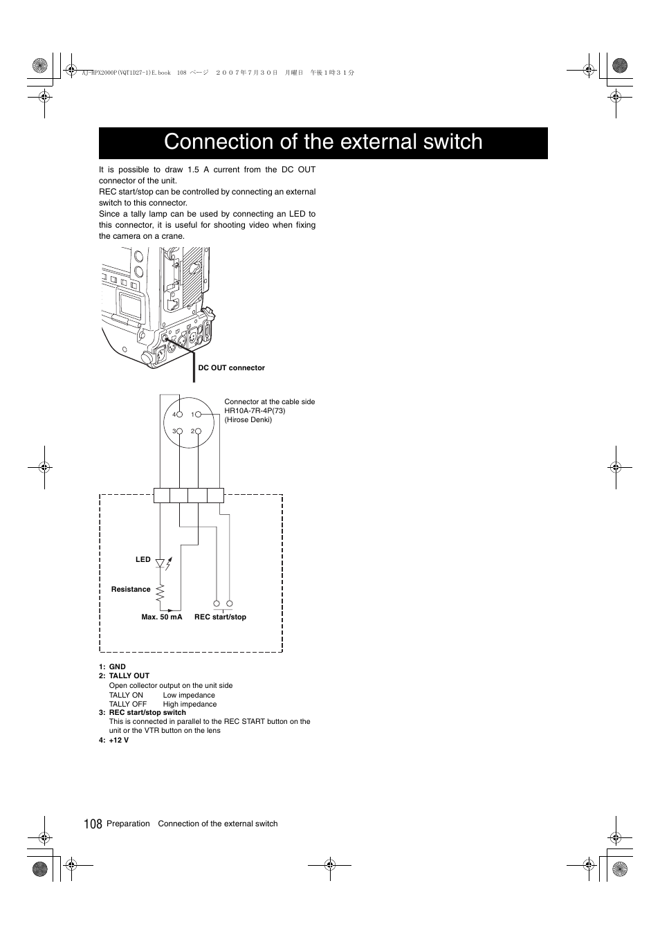 Connection of the external switch, Connection of the, External switch | Panasonic AJ-HPX2000 User Manual | Page 108 / 194