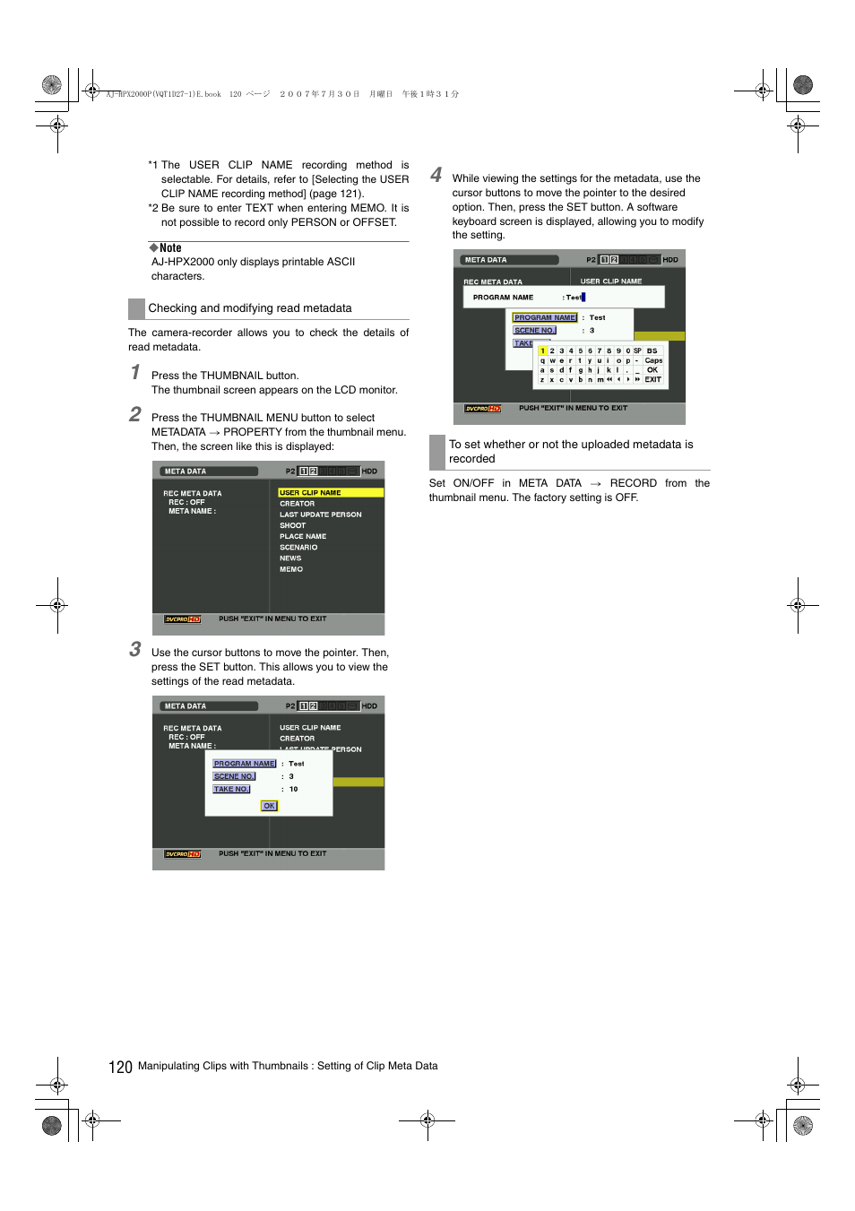Checking and modifying read, Metadata | Panasonic AJ-HPX2000 User Manual | Page 120 / 194