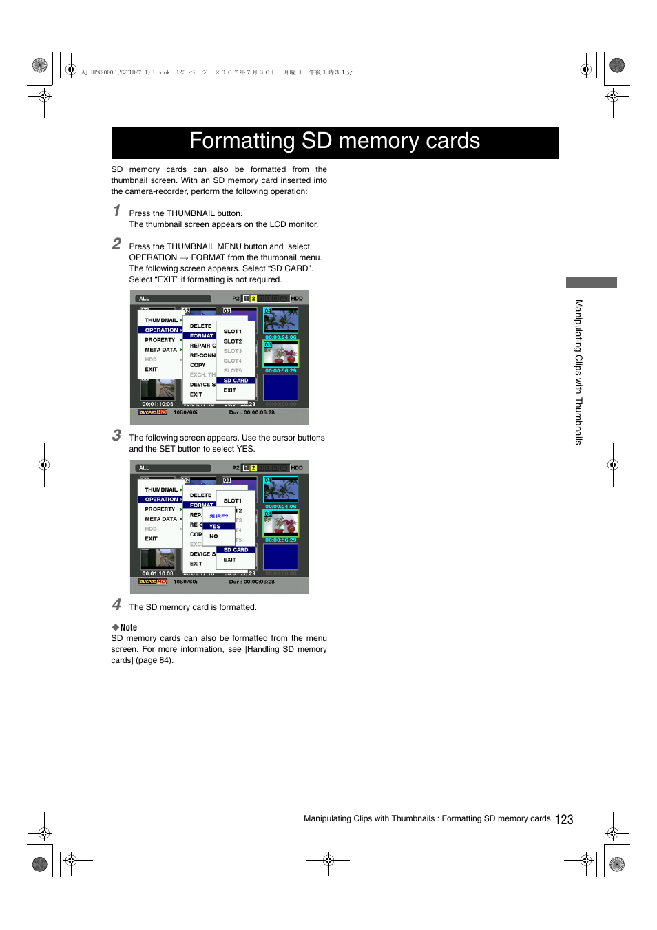 Formatting sd memory cards | Panasonic AJ-HPX2000 User Manual | Page 123 / 194