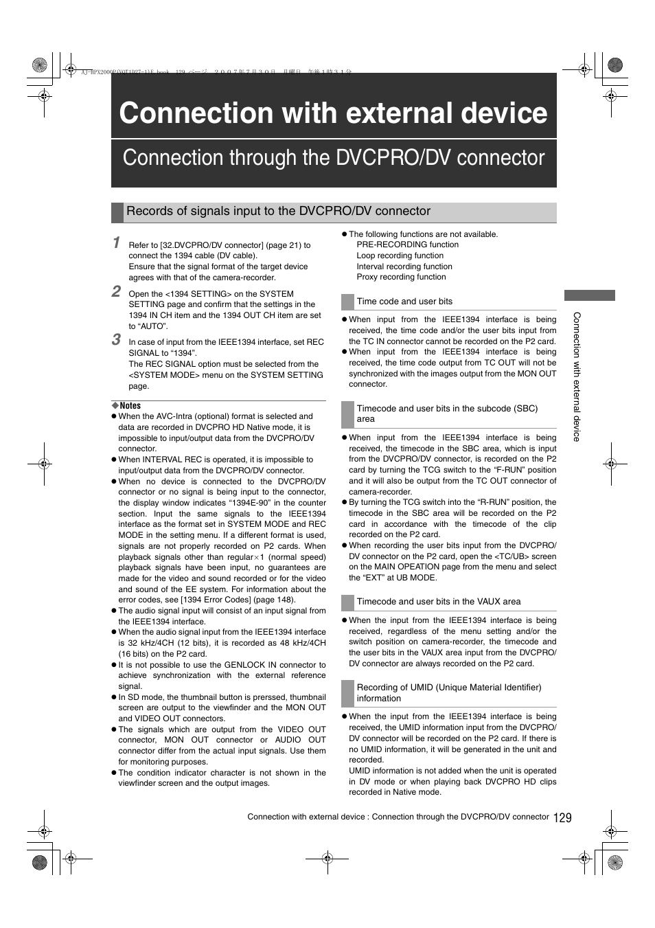 Connection with external device, Connection through the dvcpro/dv connector | Panasonic AJ-HPX2000 User Manual | Page 129 / 194