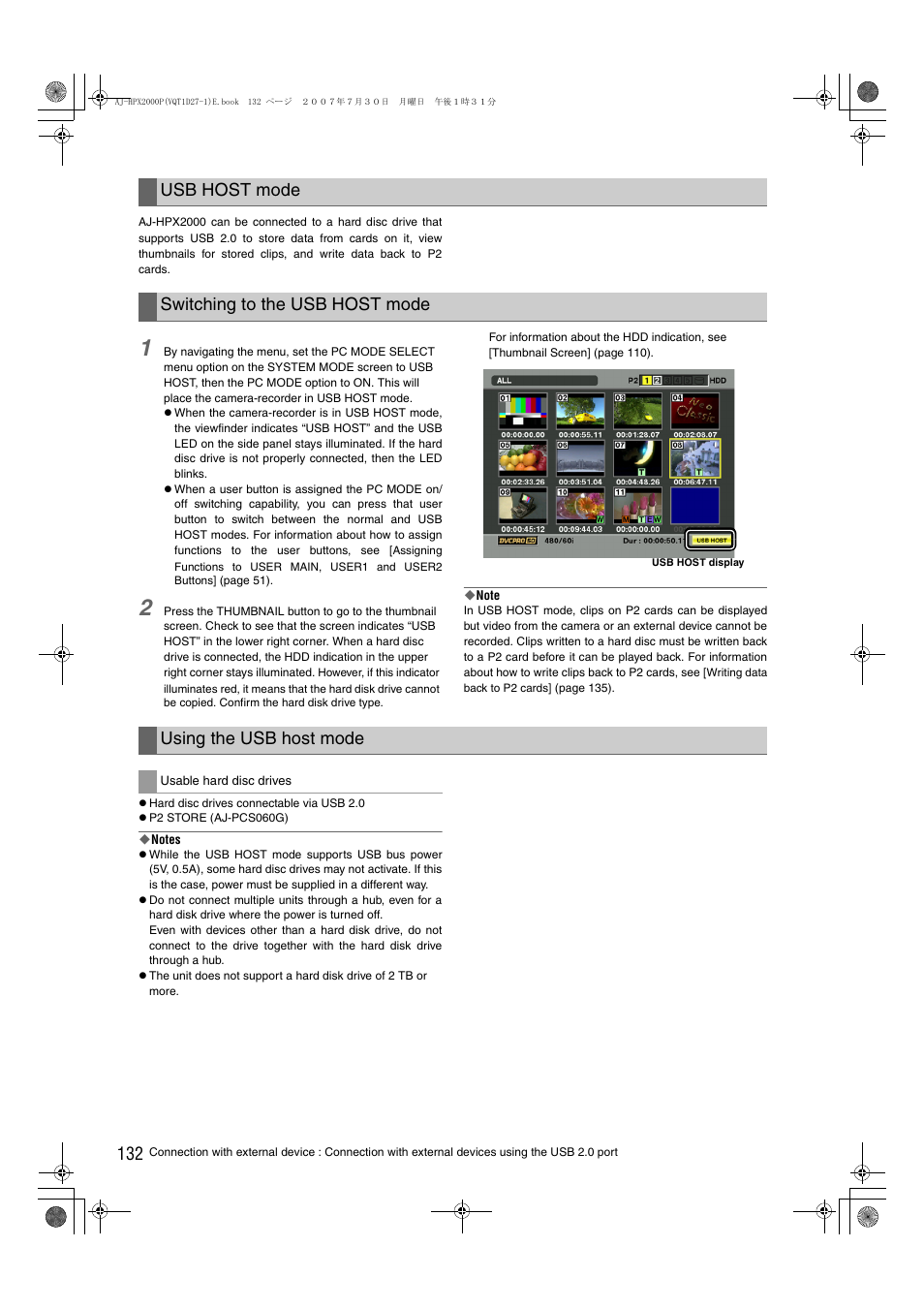 Usb host mode switching to the usb host mode, Using the usb host mode | Panasonic AJ-HPX2000 User Manual | Page 132 / 194