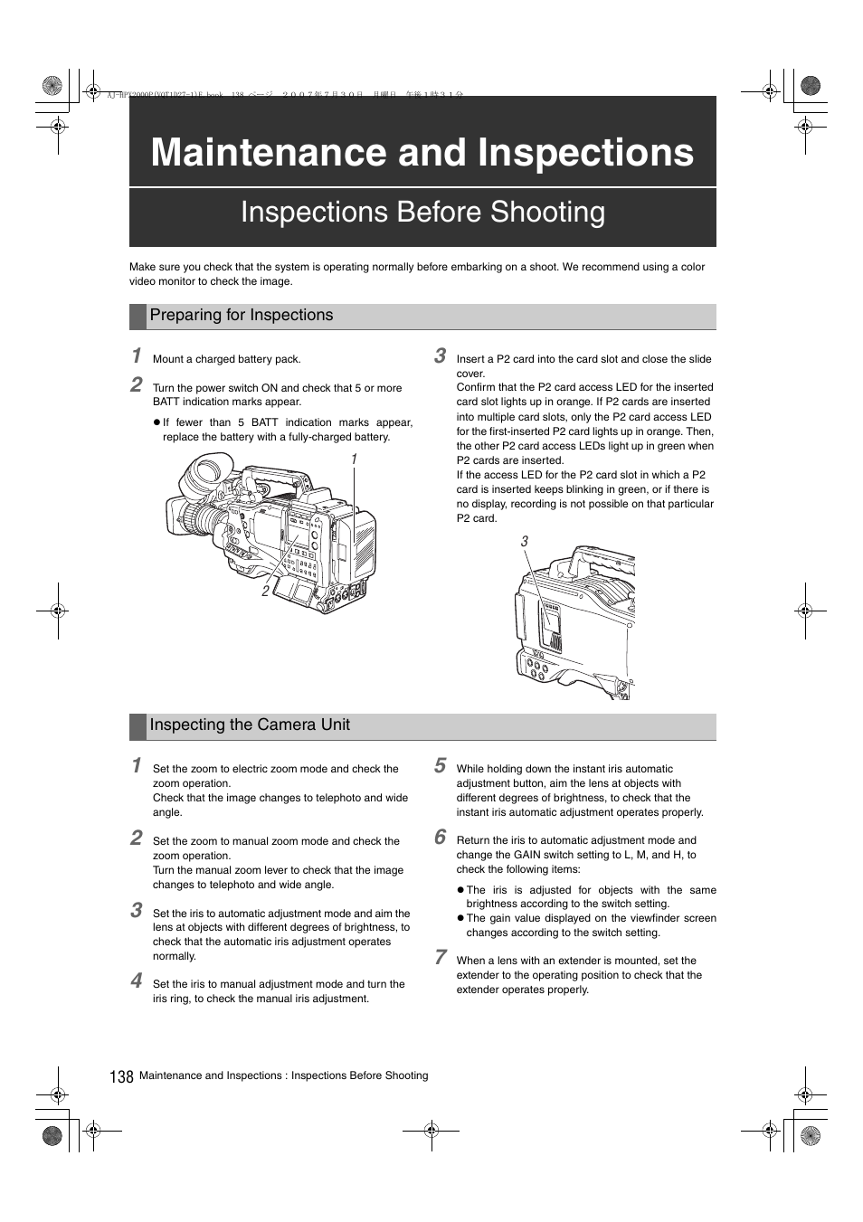 Maintenance and inspections, Inspections before shooting | Panasonic AJ-HPX2000 User Manual | Page 138 / 194