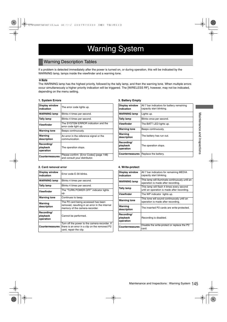 Warning system, Warning description tables | Panasonic AJ-HPX2000 User Manual | Page 145 / 194