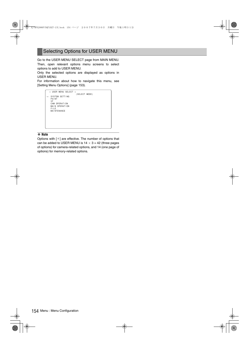 Selecting options, For user menu, Selecting options for user menu | Panasonic AJ-HPX2000 User Manual | Page 154 / 194