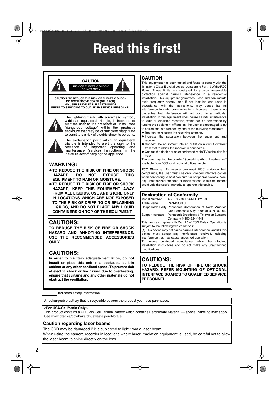 Read this first, Warning, Cautions | Panasonic AJ-HPX2000 User Manual | Page 2 / 194